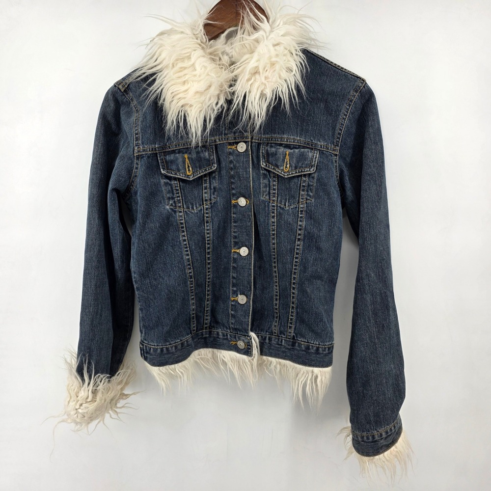 Vintage No Boundaries Faux Fur Trim Denim Jacket Blue Size S